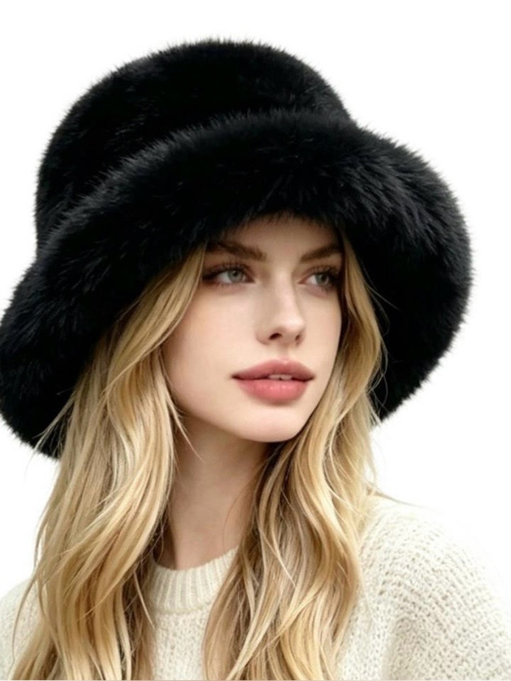 Bucket hat faux fur black NWT